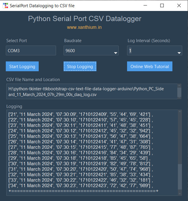 GUI Serial port Data Logging System to CSV text file using Python and