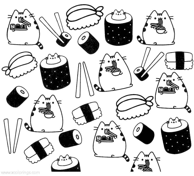 Pusheen Cat Eating Sushi Coloring Pages
