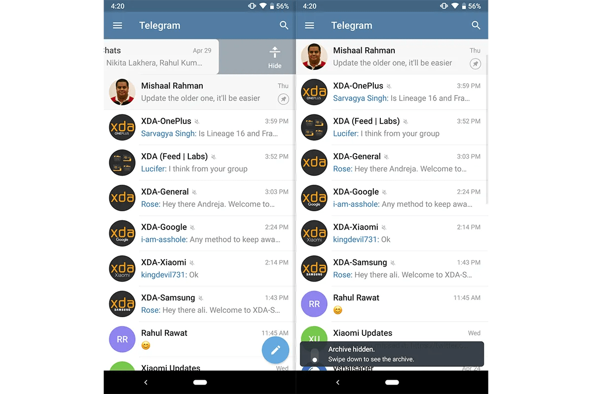 Telegram 5.6 adds archived chats, quick bulk actions, and more