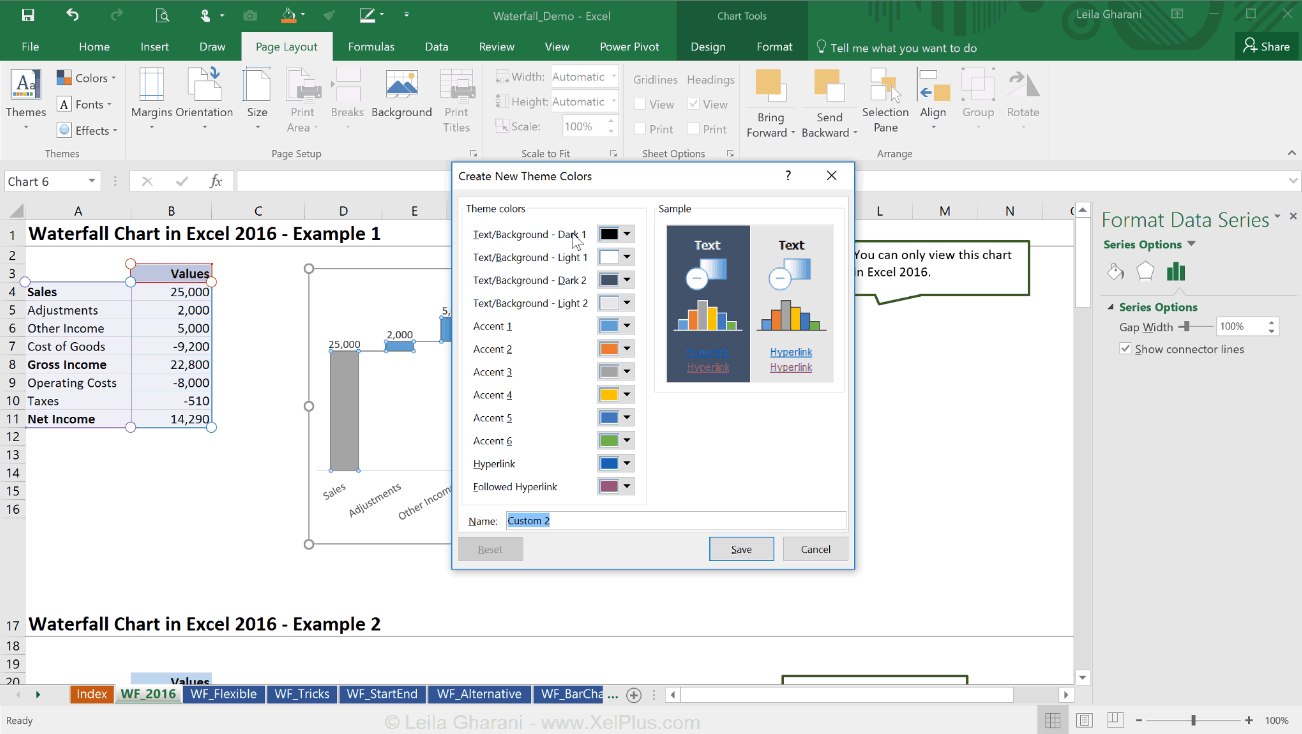 waterfall excel 2016 how to change color