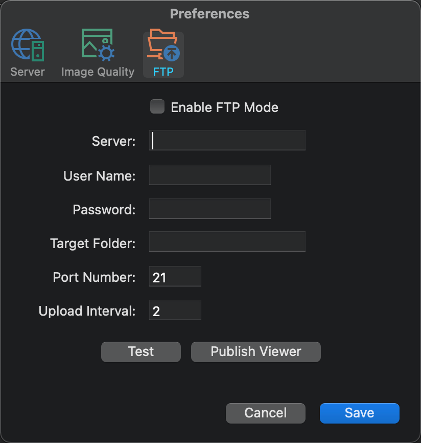 Using XL Screen Streamer for Mac > Configuration > FTP Settings
