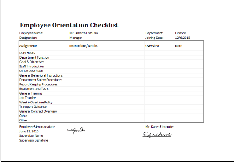 MS Excel Employee Orientation Checklist Editable Template Excel Templates