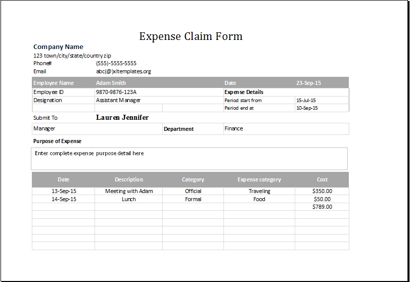 Expense Claim Form Template for EXCEL Excel Templates