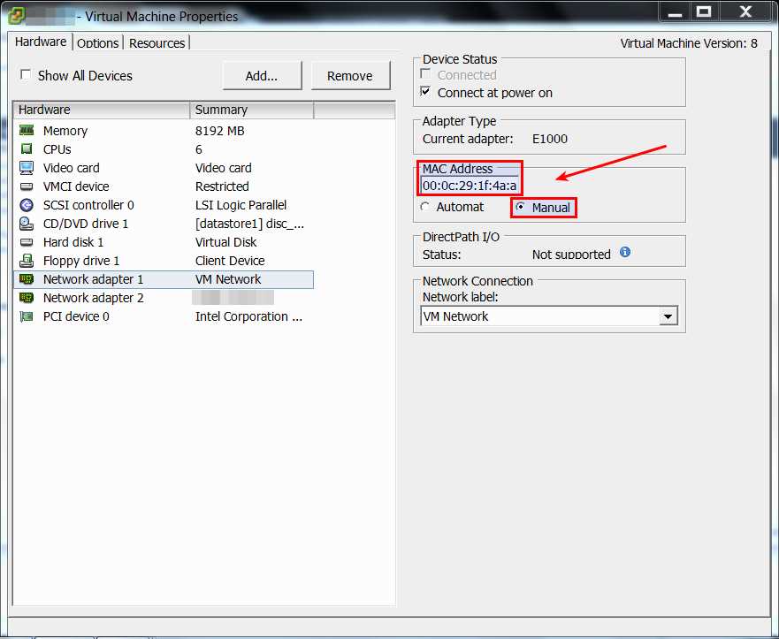How to set a static MAC address on VMware ESXi virtual machine