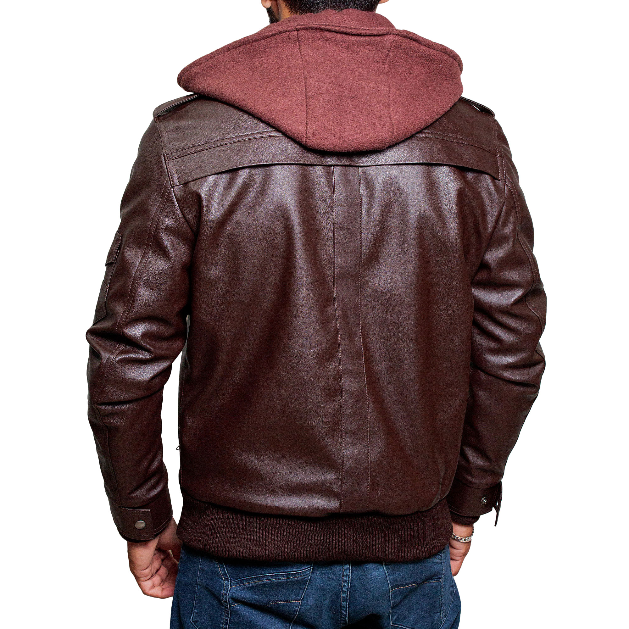 Brown Hooded Faux Leather Jacket Mens XtremeJackets