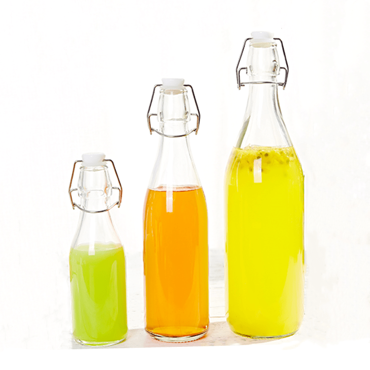 250ml 500ml 1000ml clear round airtight glass juice bottle with swing