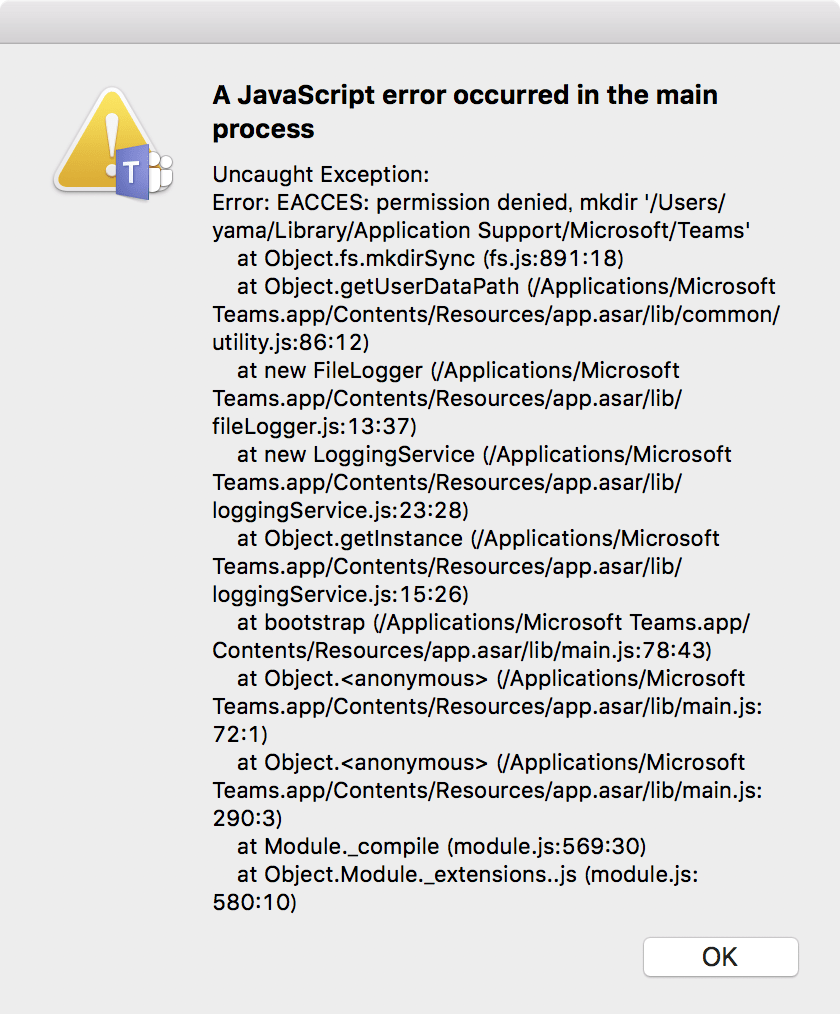 Microsoft TeamsアプリをMacで起動すると「A JavaScript error occurred in the main