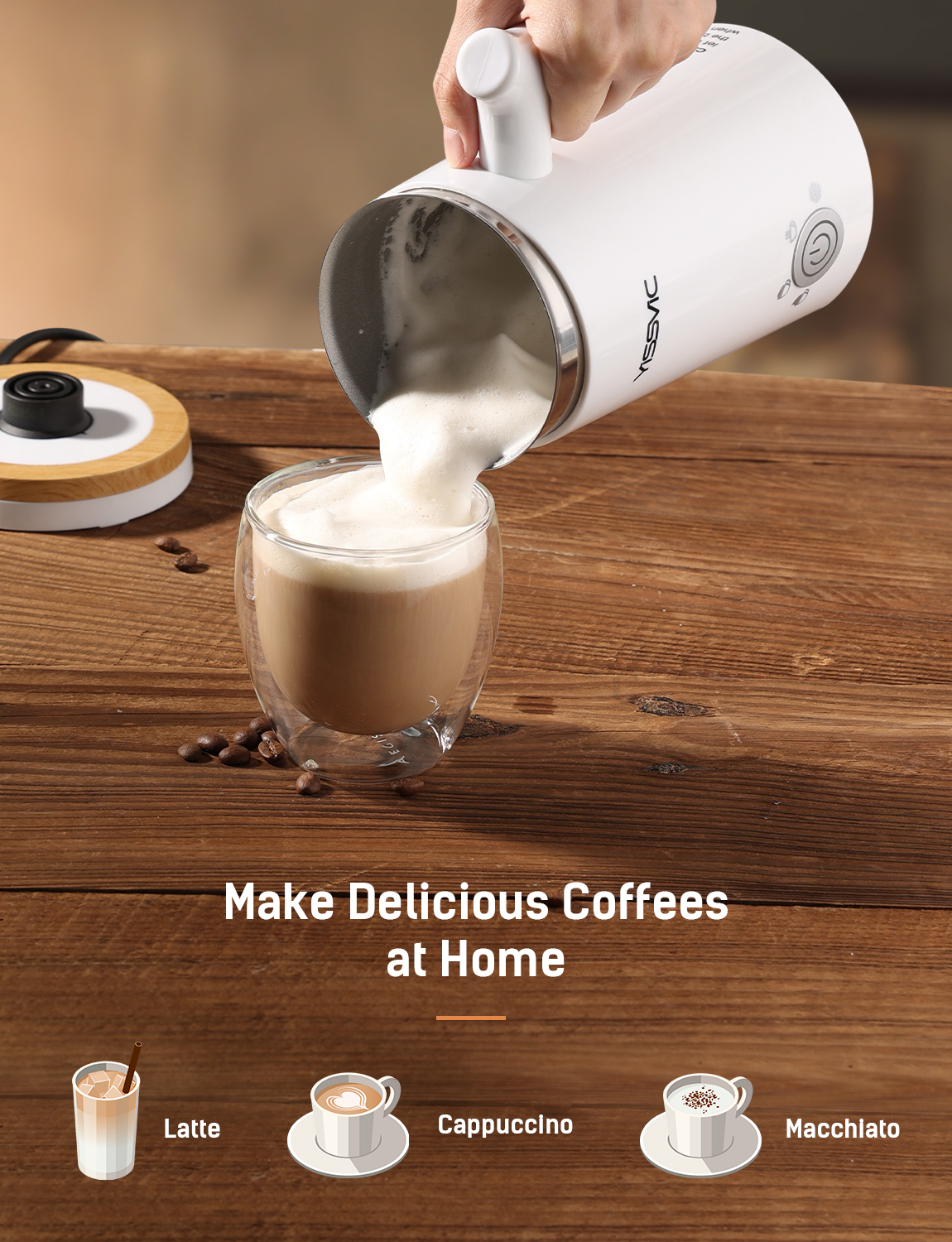 YISSVIC Milk Frother Electric Milk Steamer Automatic Hot or Cold Milk