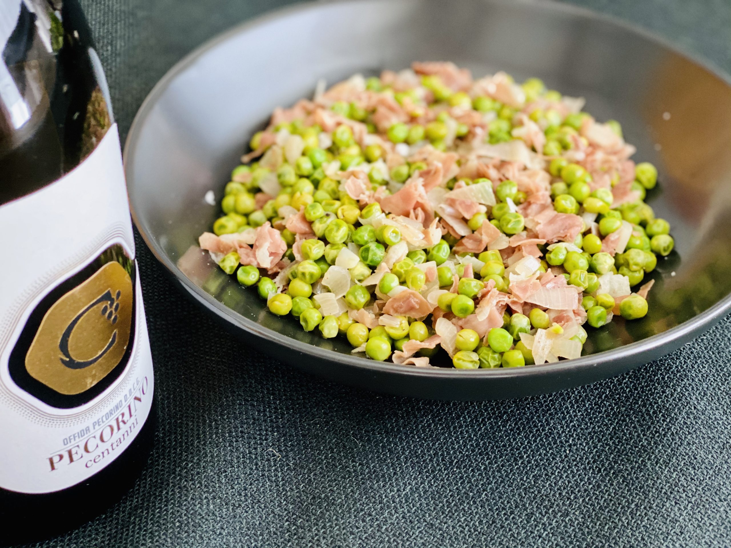 Sauteed Peas with Prosciutto Yours Truly, Wine