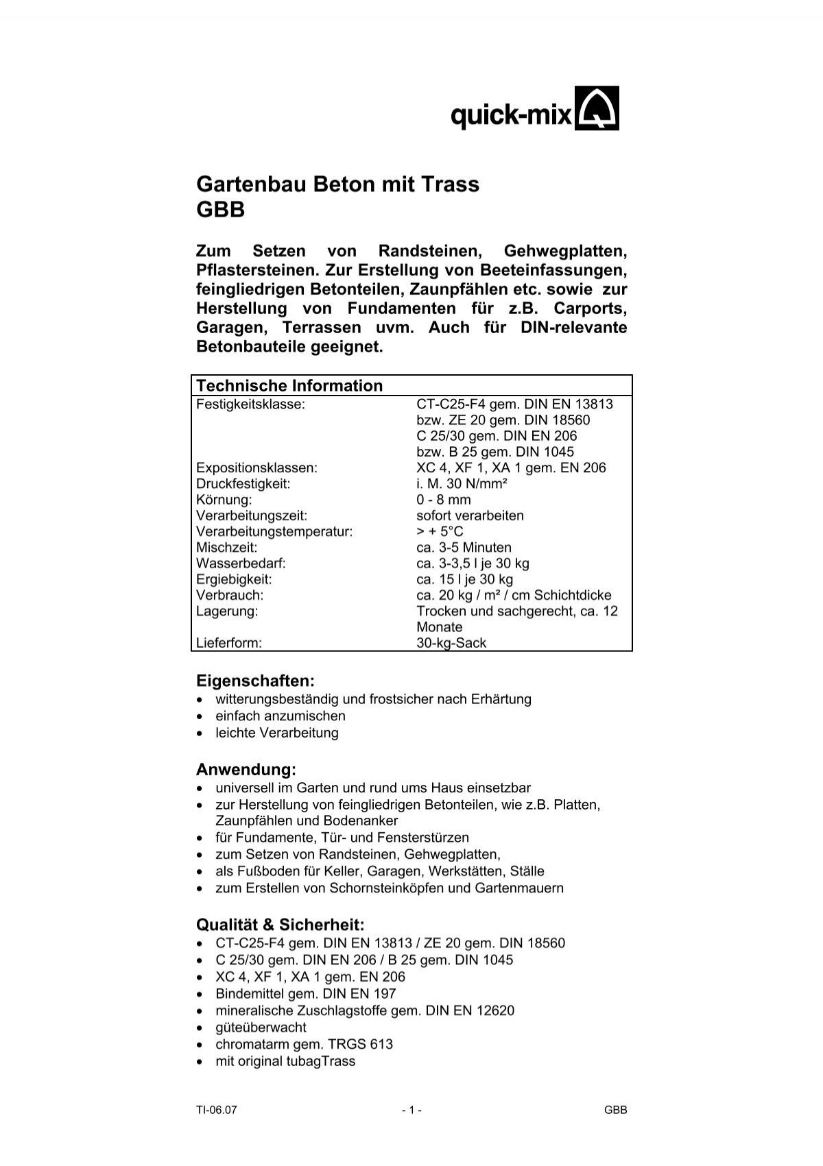 Gartenbau Beton Mit Trass Gbb - Quick-Mix