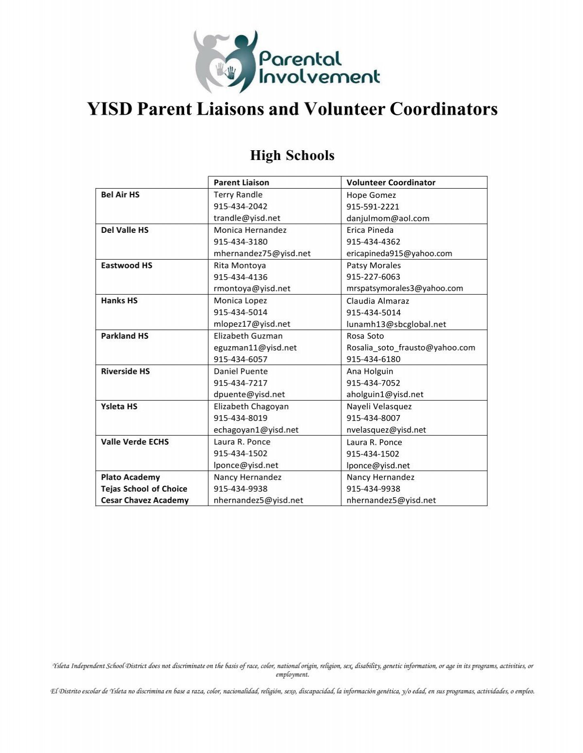 YISD Parent Liaisons and Volunteer Coordinators Ysleta