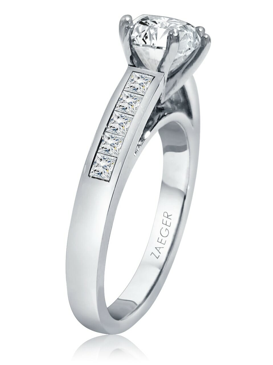Round 6 Claw, Channel Set Princess Sidestones, Diamond Engagement Ring
