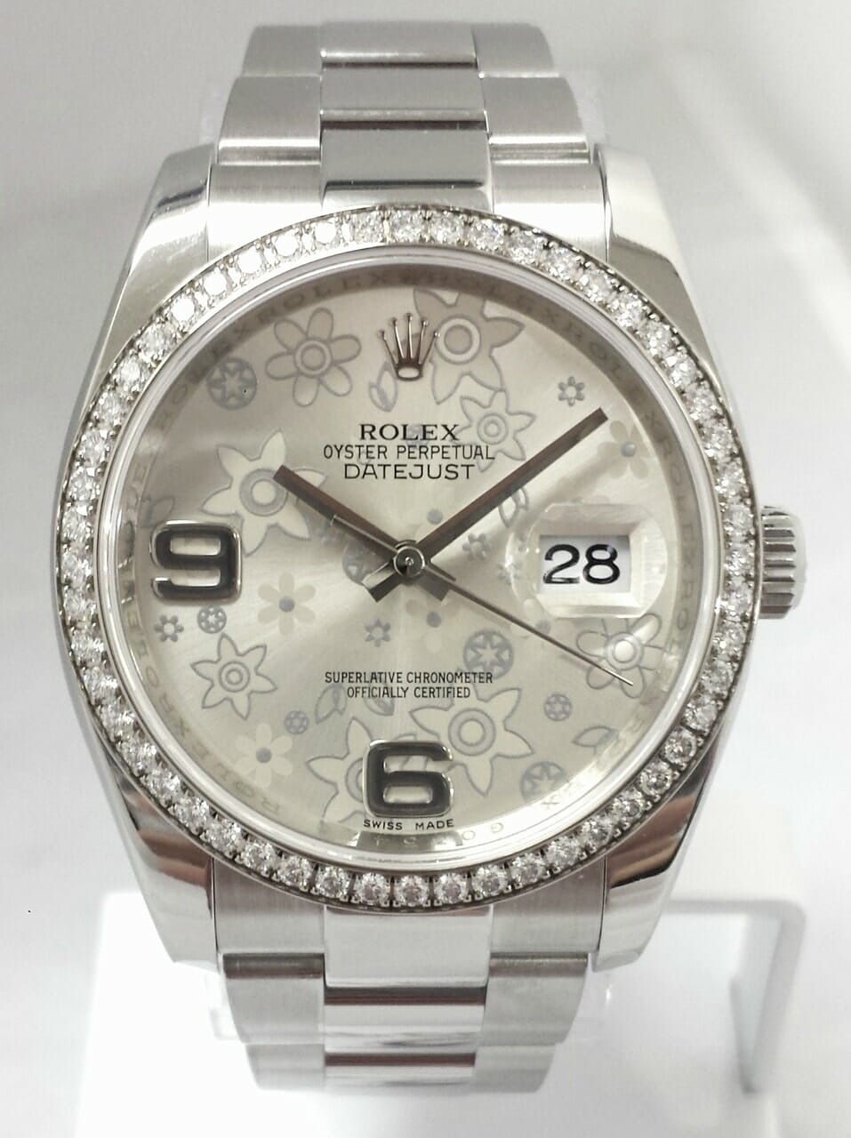 Rolex Datejust Silver Floral Dial Automatic Diamond Bezel Steel Ladies