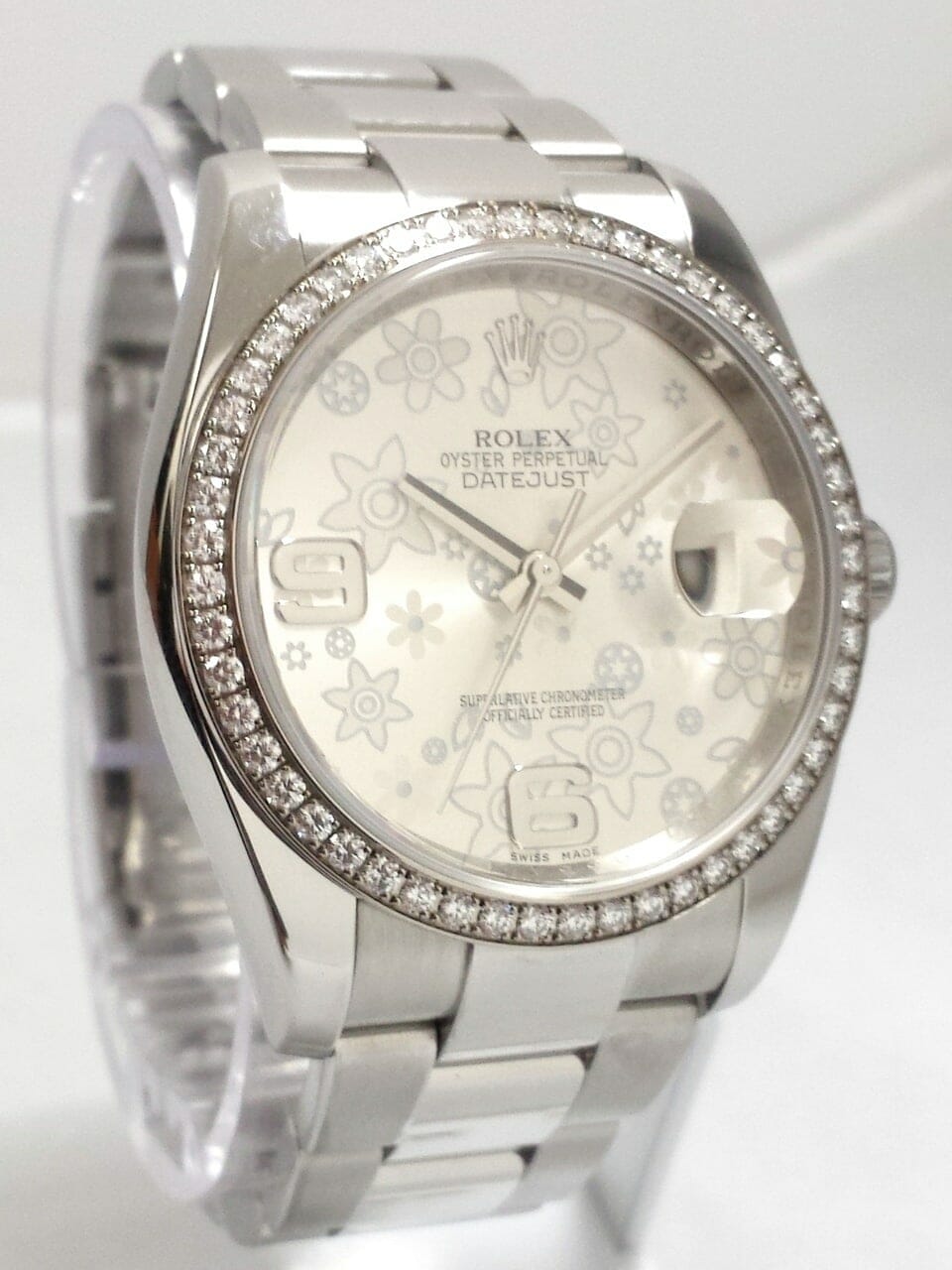 Rolex Datejust Silver Floral Dial Automatic Diamond Bezel Steel Ladies
