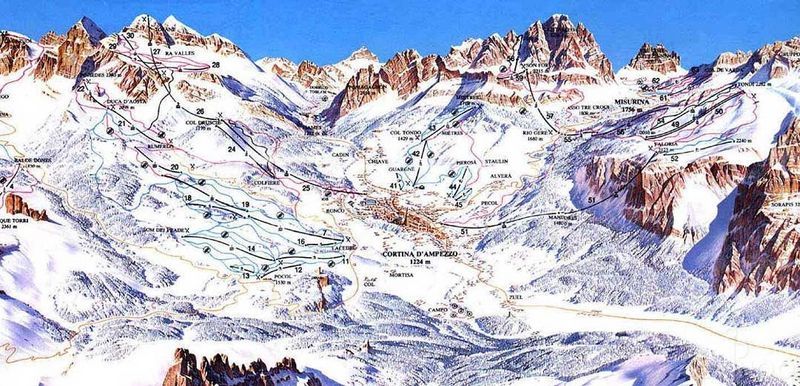 Cortina d'Ampezzo con mappa e piste da sci Sciare nelle Dolomiti