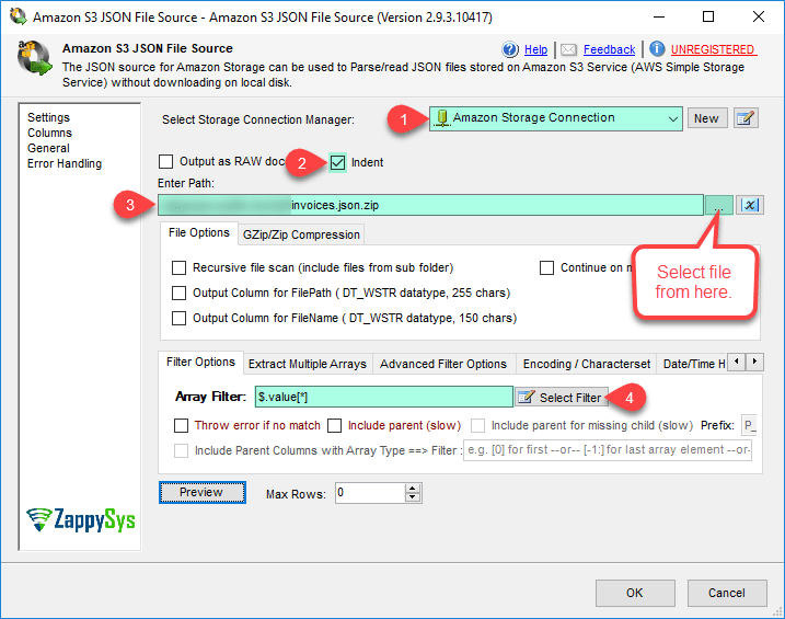 SSIS Amazon S3 Source for JSON File ZappySys