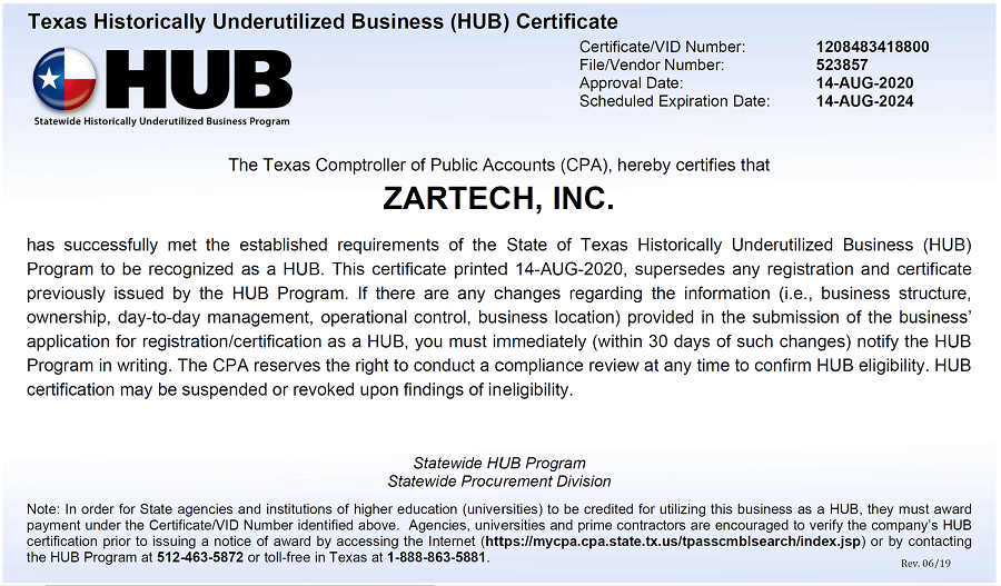 Press Release Zartech now HUB certified by the State of Texas Zartech