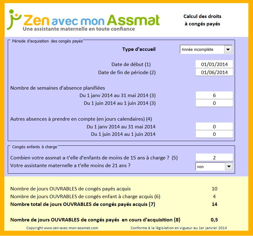 Calculateur de congés assistante maternelle Zen avec mon Assmat