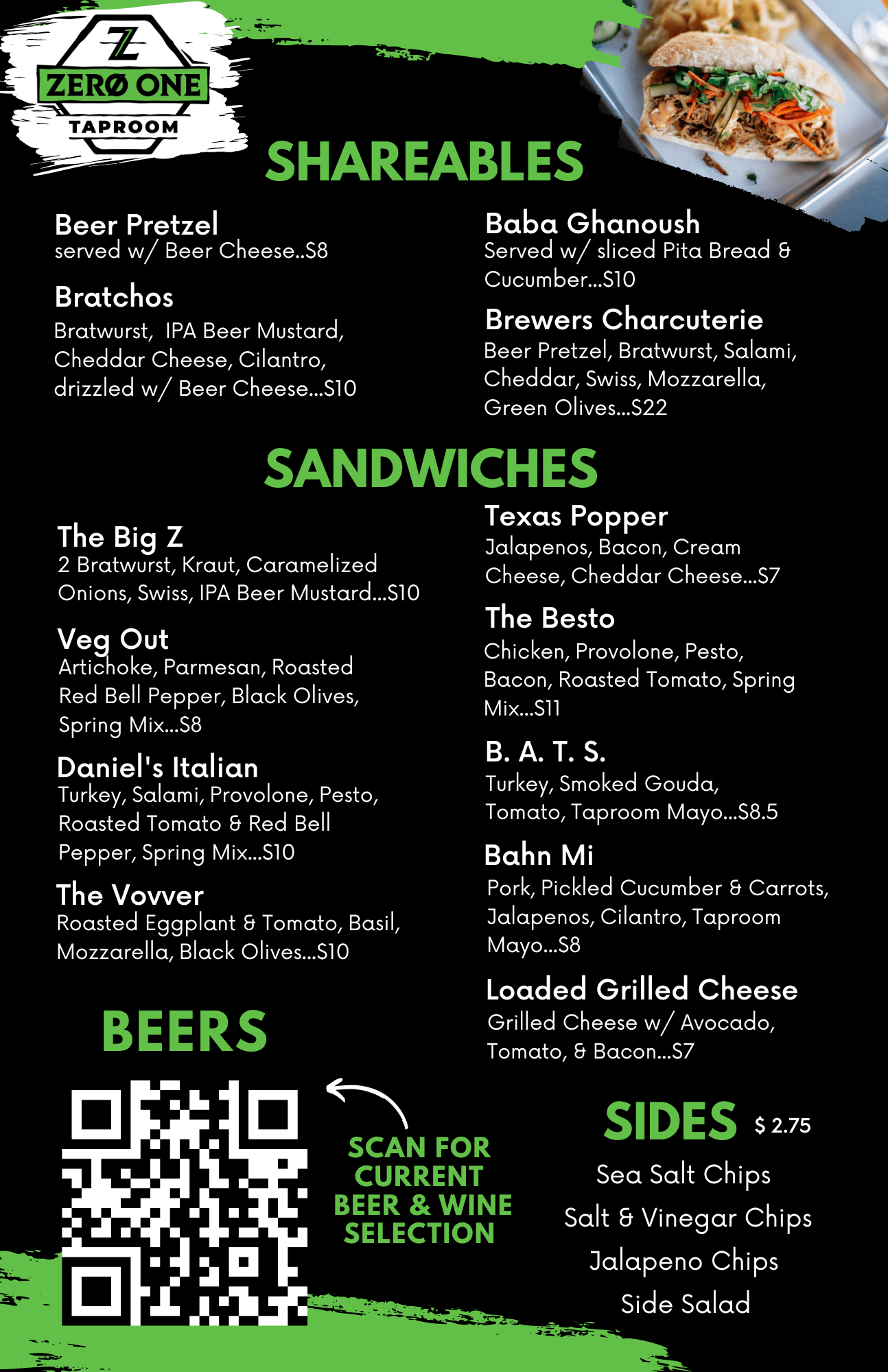 Taproom Menu Zero One Brewing San Angelo, Texas