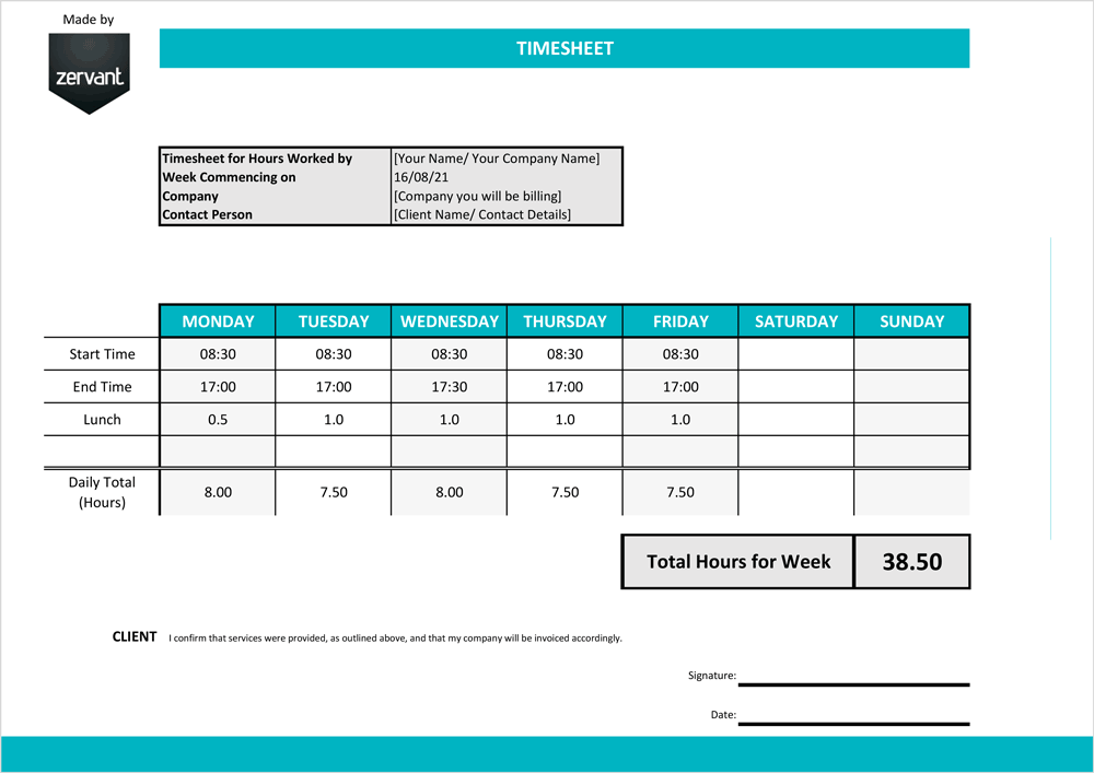 Free Timesheet Template for Freelancers and Contractors Zervant