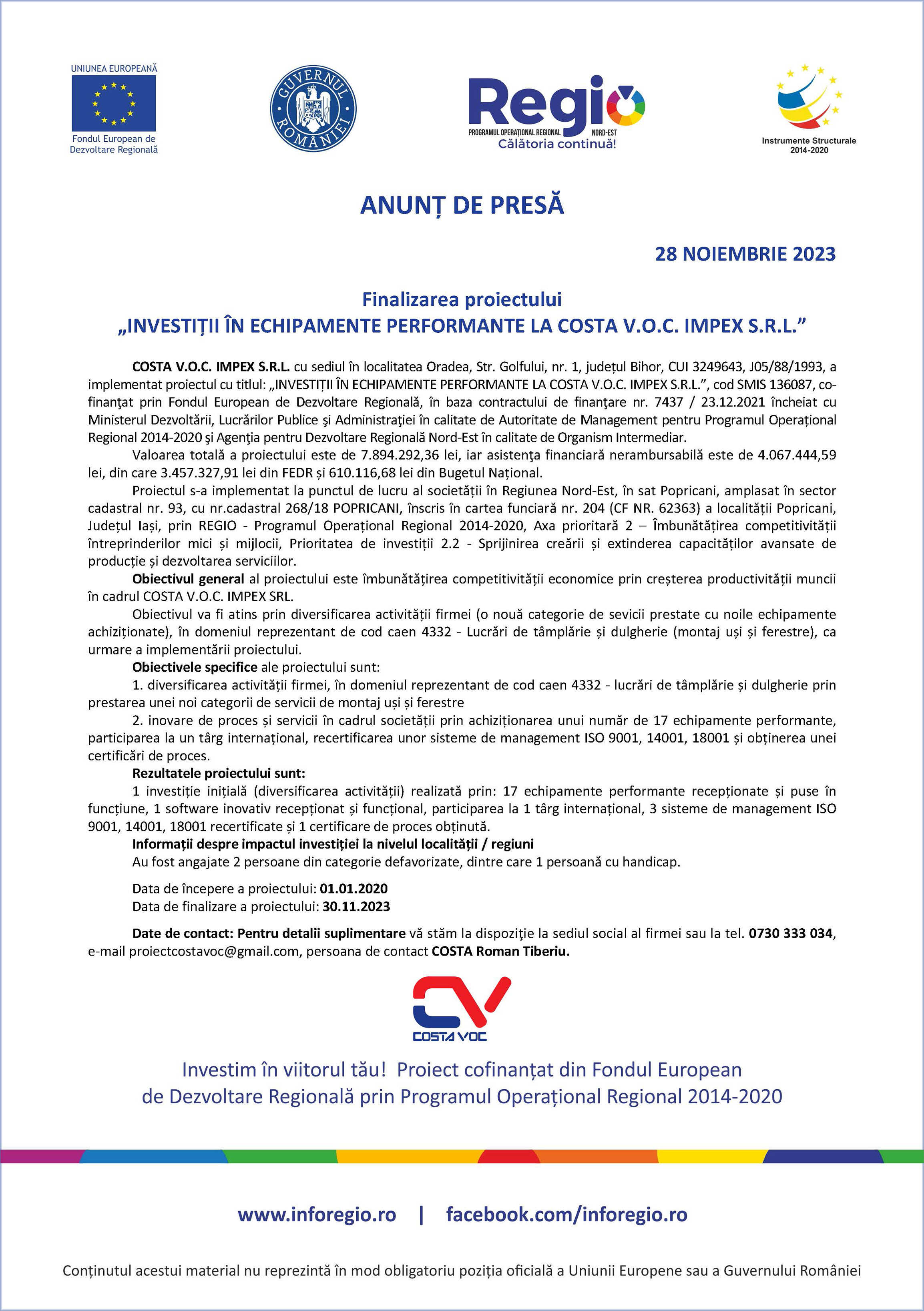 COSTA V.O.C. IMPEX S.R.L. Finalizarea proiectului „INVESTIȚII ÎN ECHIPAMENTE PERFORMANTE LA