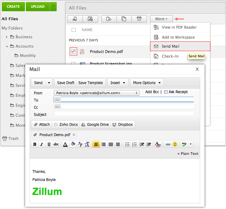 Send files as attachments using Zoho Docs