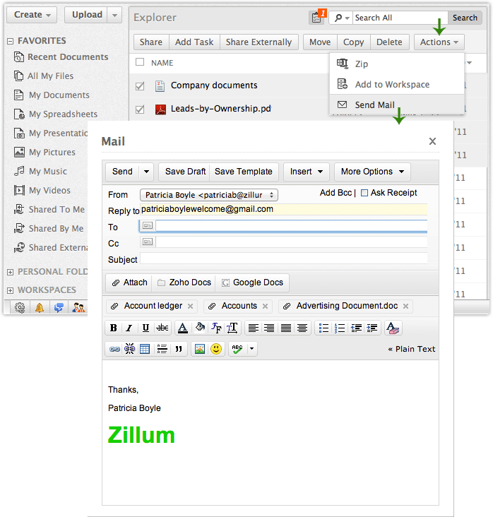 Send files as attachments using Zoho Docs