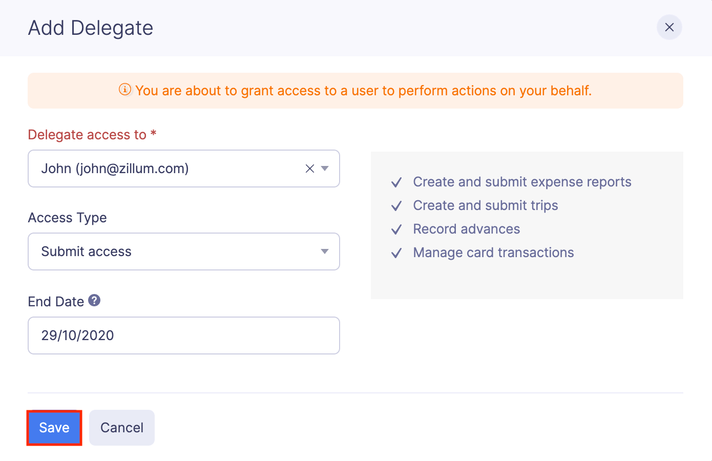 Authorize Delegates My Settings User Guide Zoho Expense
