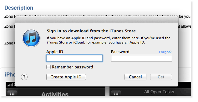 Subscribe from App Store and iTunes site to access Zoho Projects