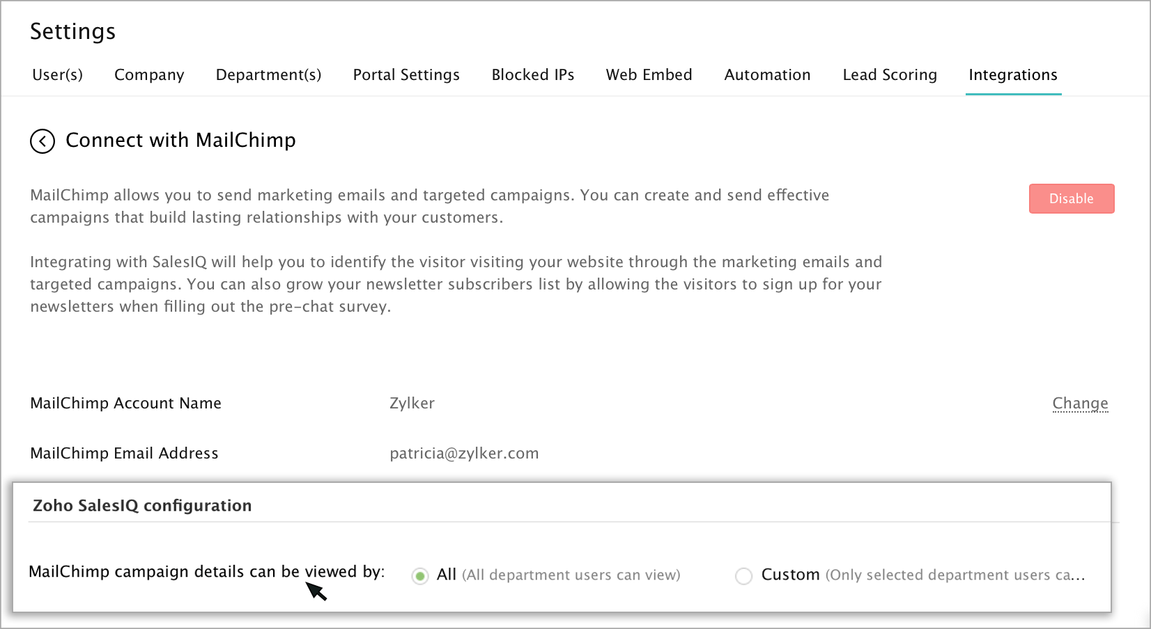 Integrate Mailchimp with Zoho SalesIQ