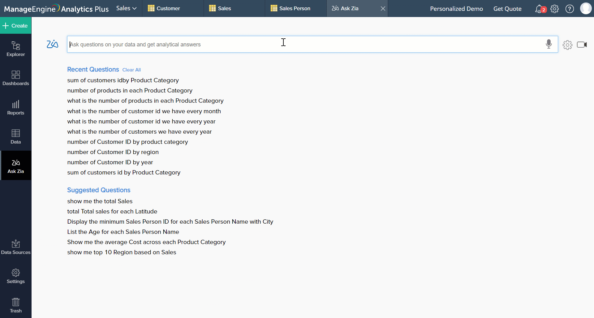 Constructing Questions for Ask Zia Analytics Plus Cloud