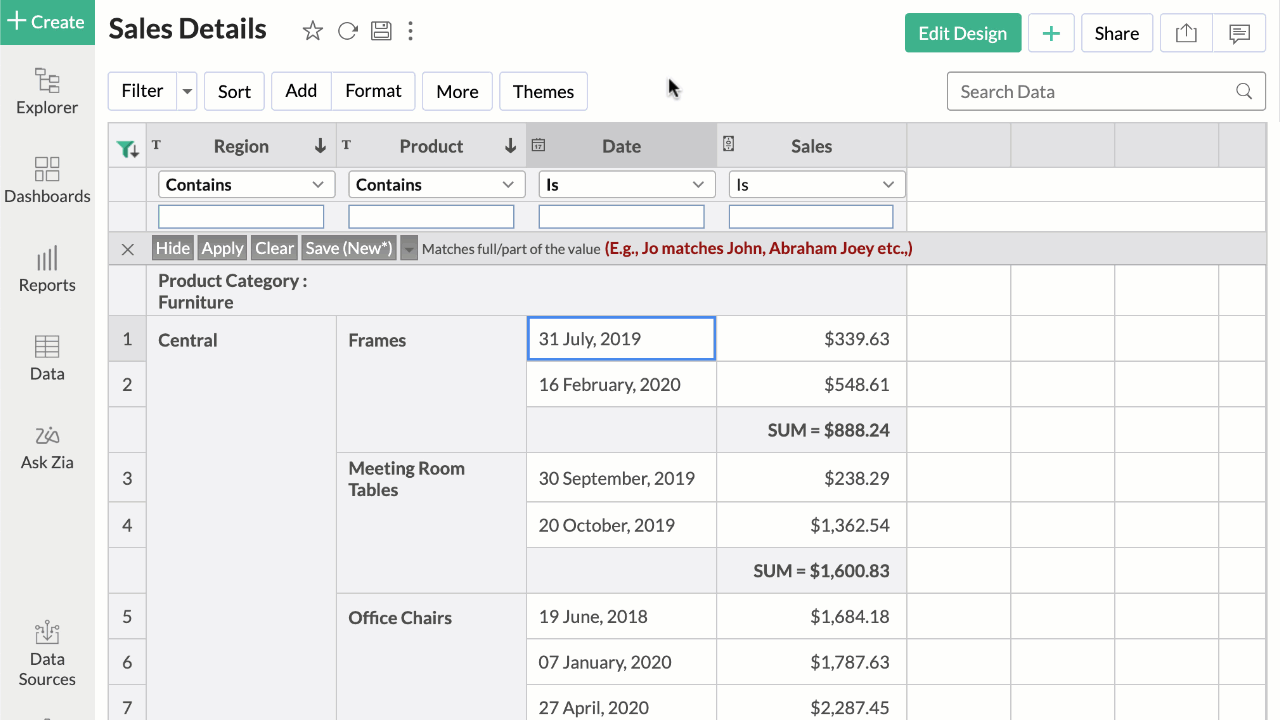 Working with Tabular View l Zoho Analytics Helpo