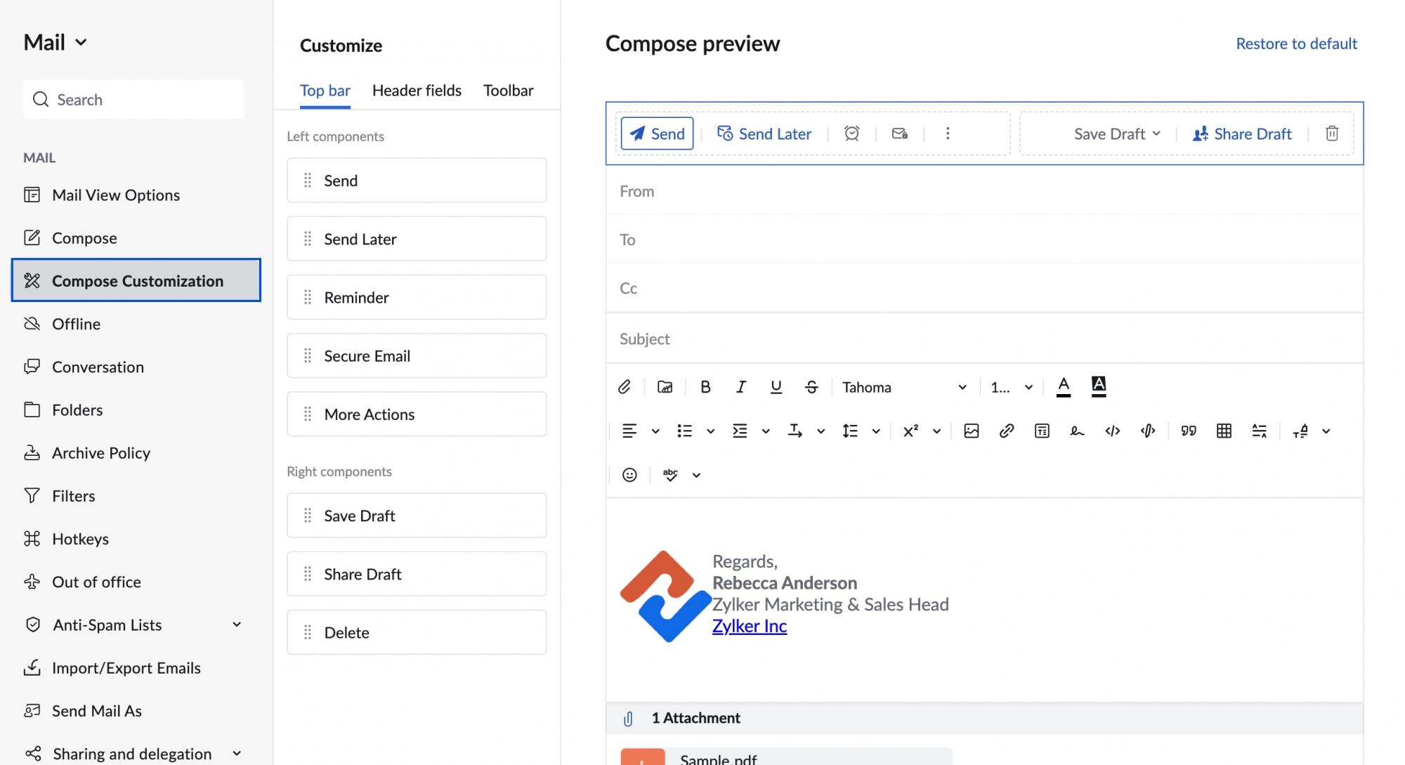 Compose Customization Zoho Mail