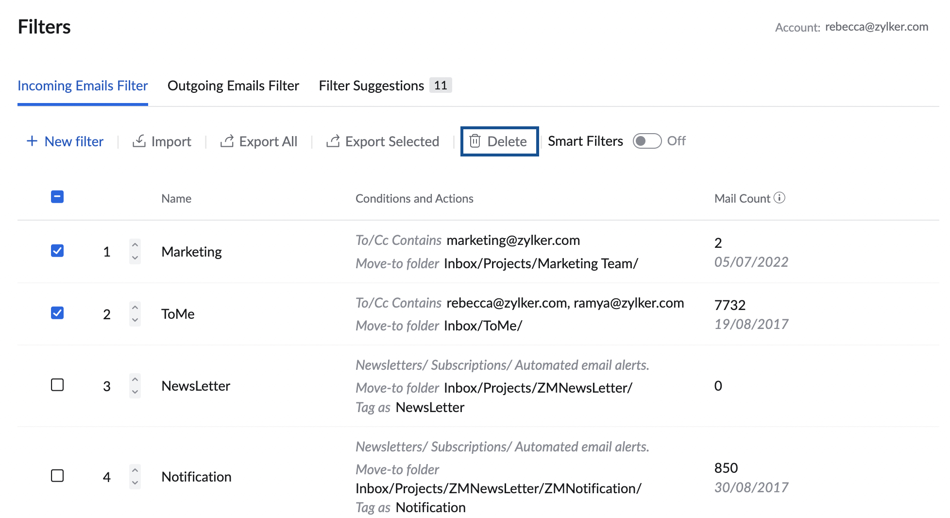 Email filters emails into folders using conditions