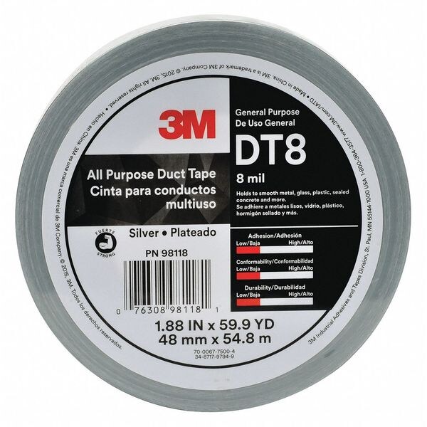 3M DT8 5.44 Duct Tape, Silver, 8 mil, 54.8m L x 48mm W