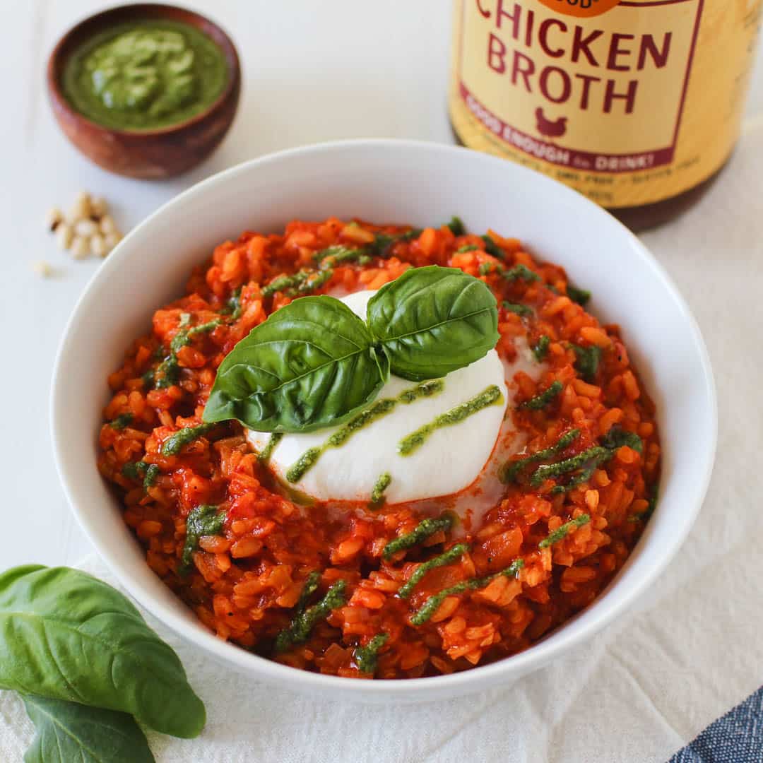 Roasted Red Pepper Risotto with Burrata Zoup! Broth