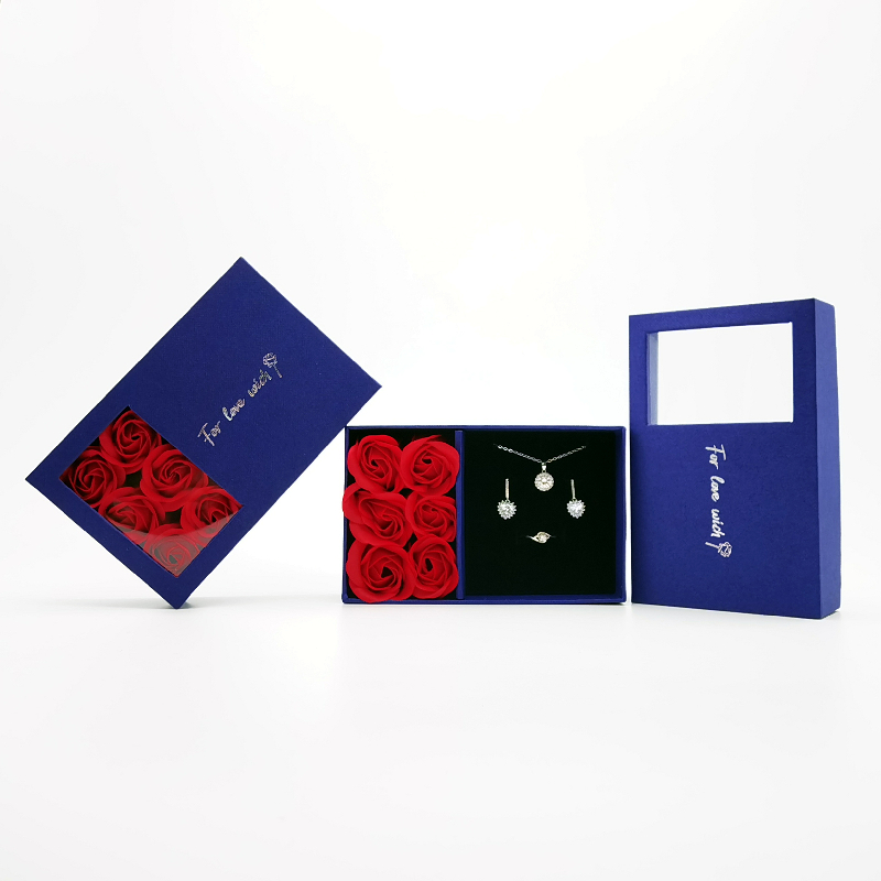 ZTB132 blue color cardboard jewelry set storage box with rose flower