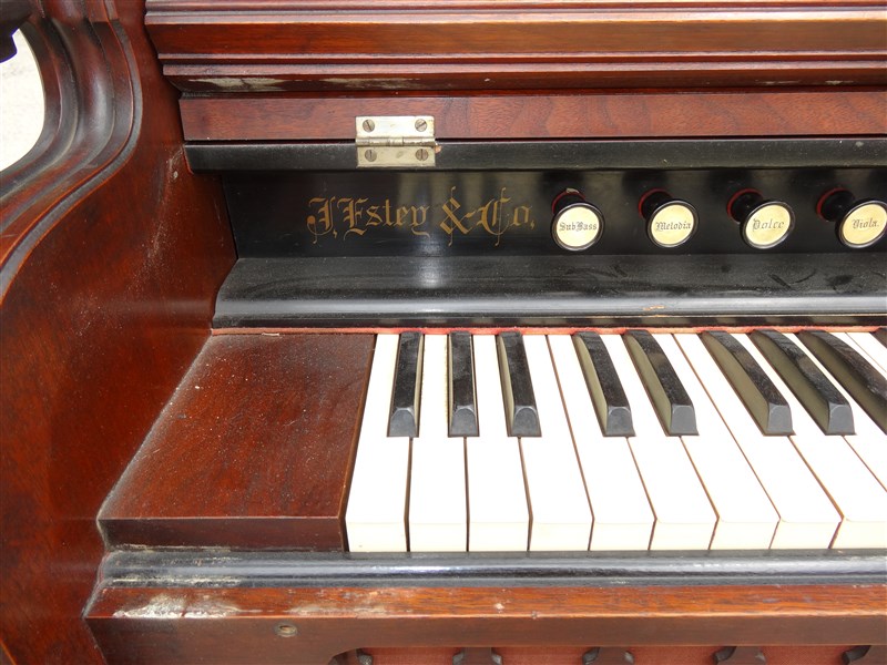 Antique Victorian Gothic 1880s Estey Walnut Pump Organ With Oil Lamp