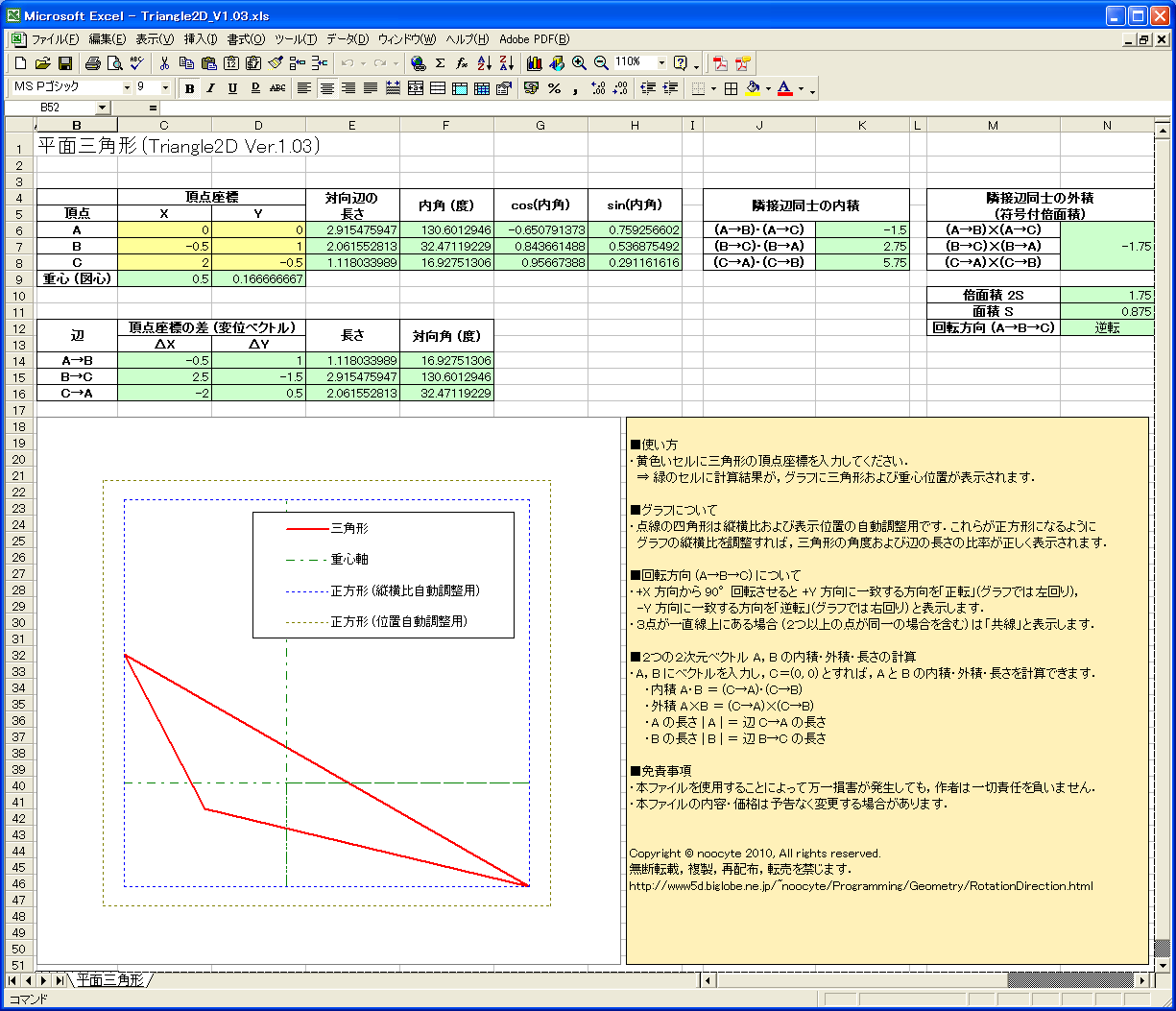 3点の座標から簡単に角度と回転方向を求める．(2・3・N次元，外積を用いる方法)