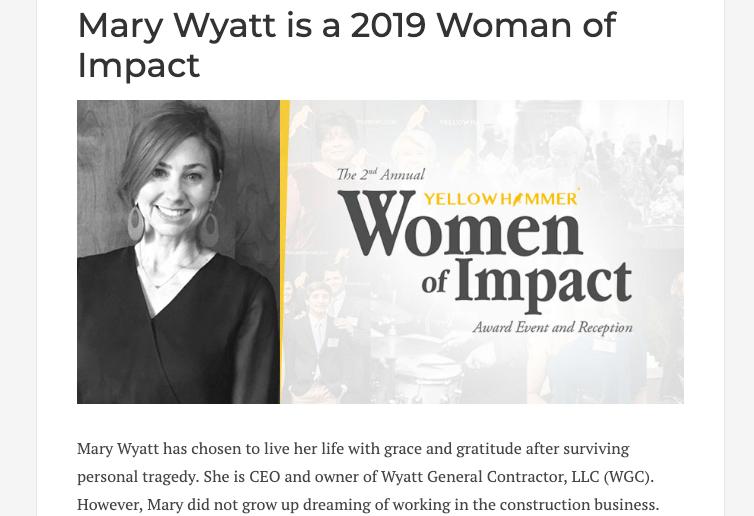 Mary Wyatt is a 2019 Woman of Impact Wyatt Builds