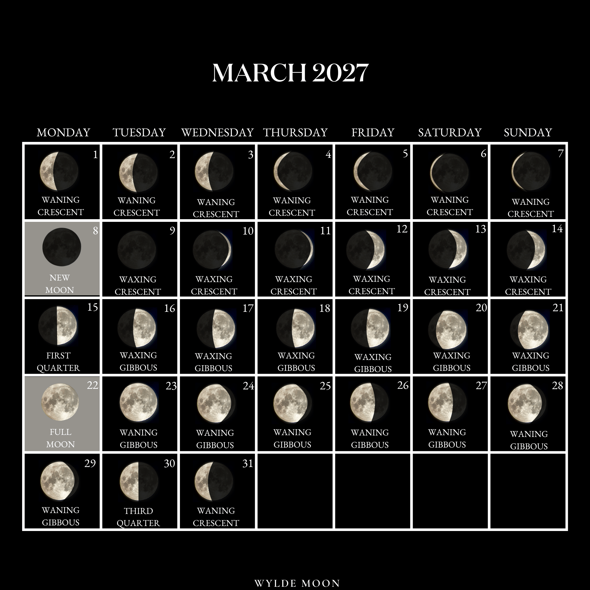 2027 Moon Calendar every phase and stage of the moon