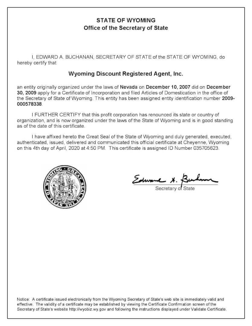 Free Wyoming Certificate Of Good Standing Wyoming Discount Registered