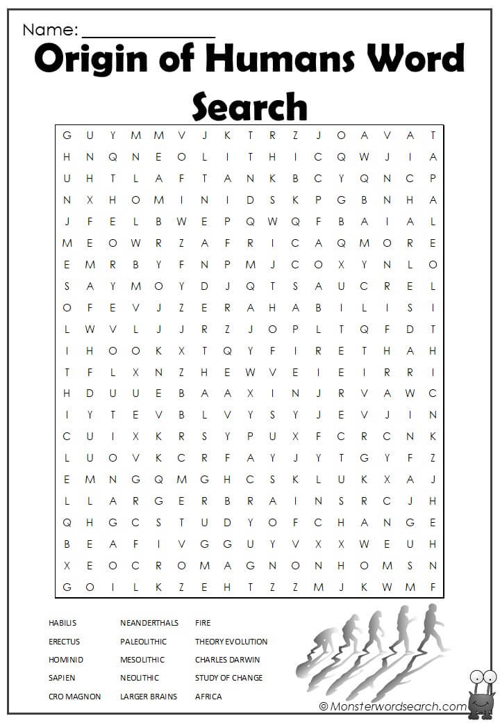 origin of humans word search Monster Word Search