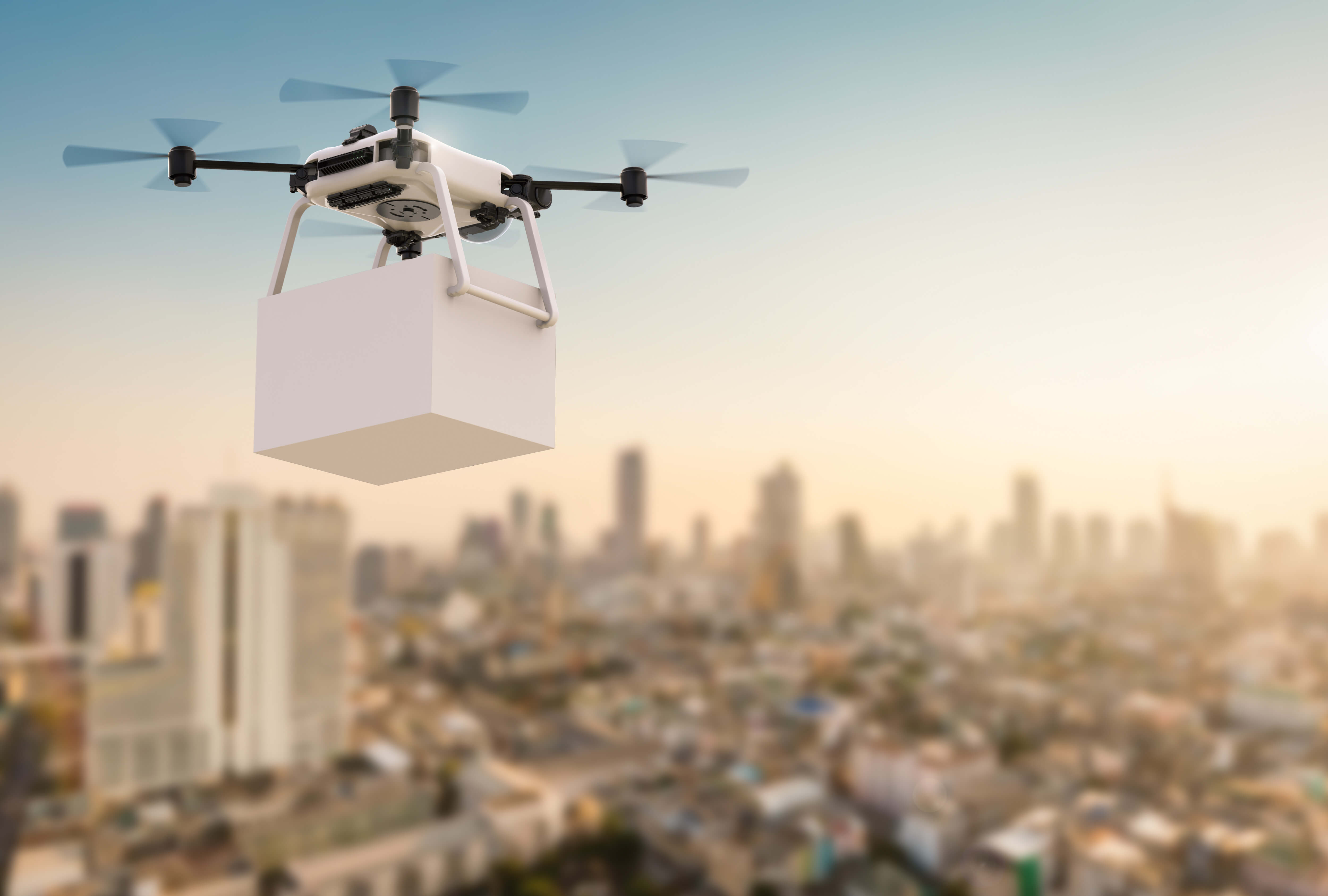 delivery drone flying in city Xcel Delivery