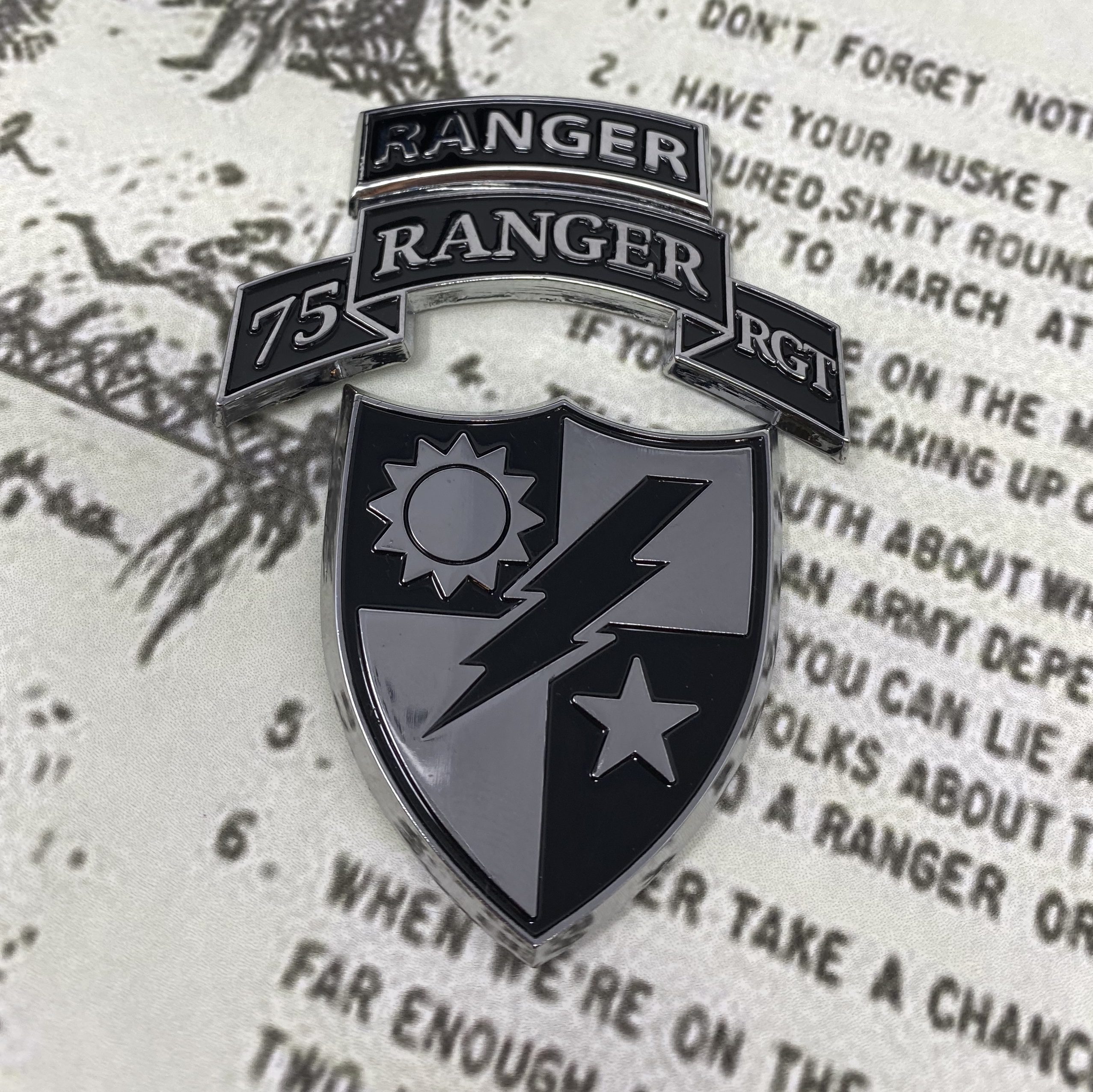 Ranger Scroll 75th Ranger Regiment version Chrome Car Badge with 3M