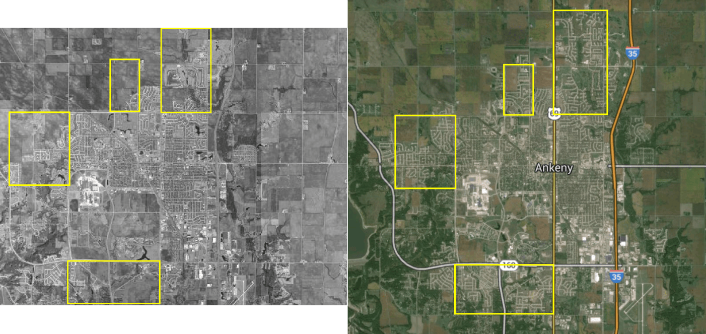 Looking at the zoning map of Ankeny (PDF), we can see that many of