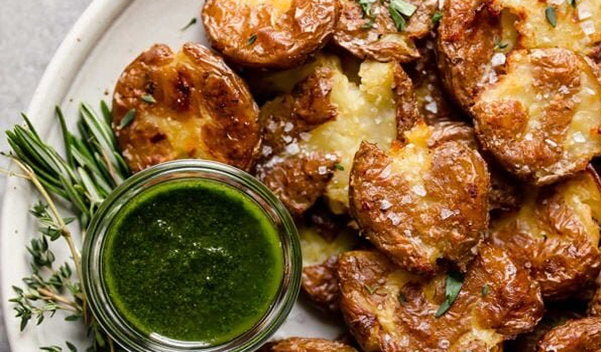 Crispy Smashed Potatoes by the Real Food Dietitians XIT Ranch