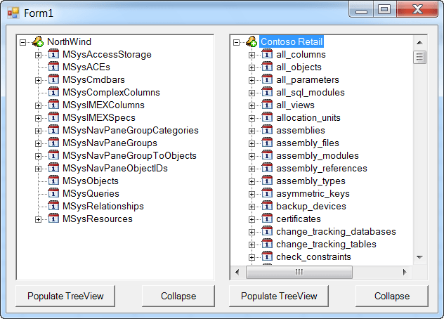 Populate TreeView Controls with Tables from SQL Server & Access
