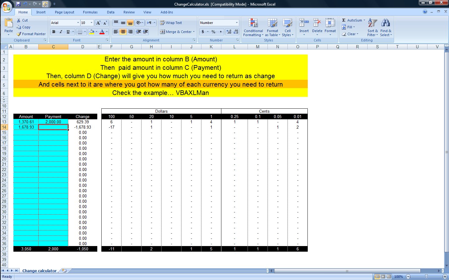 Change Calculator calculate change in multiple bills/coins XLf(x)s
