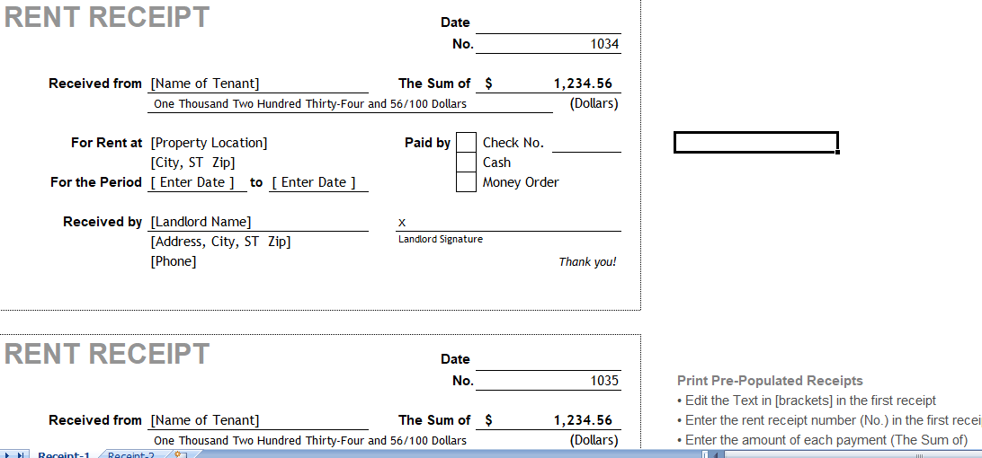 Rent Receipt excel template for free
